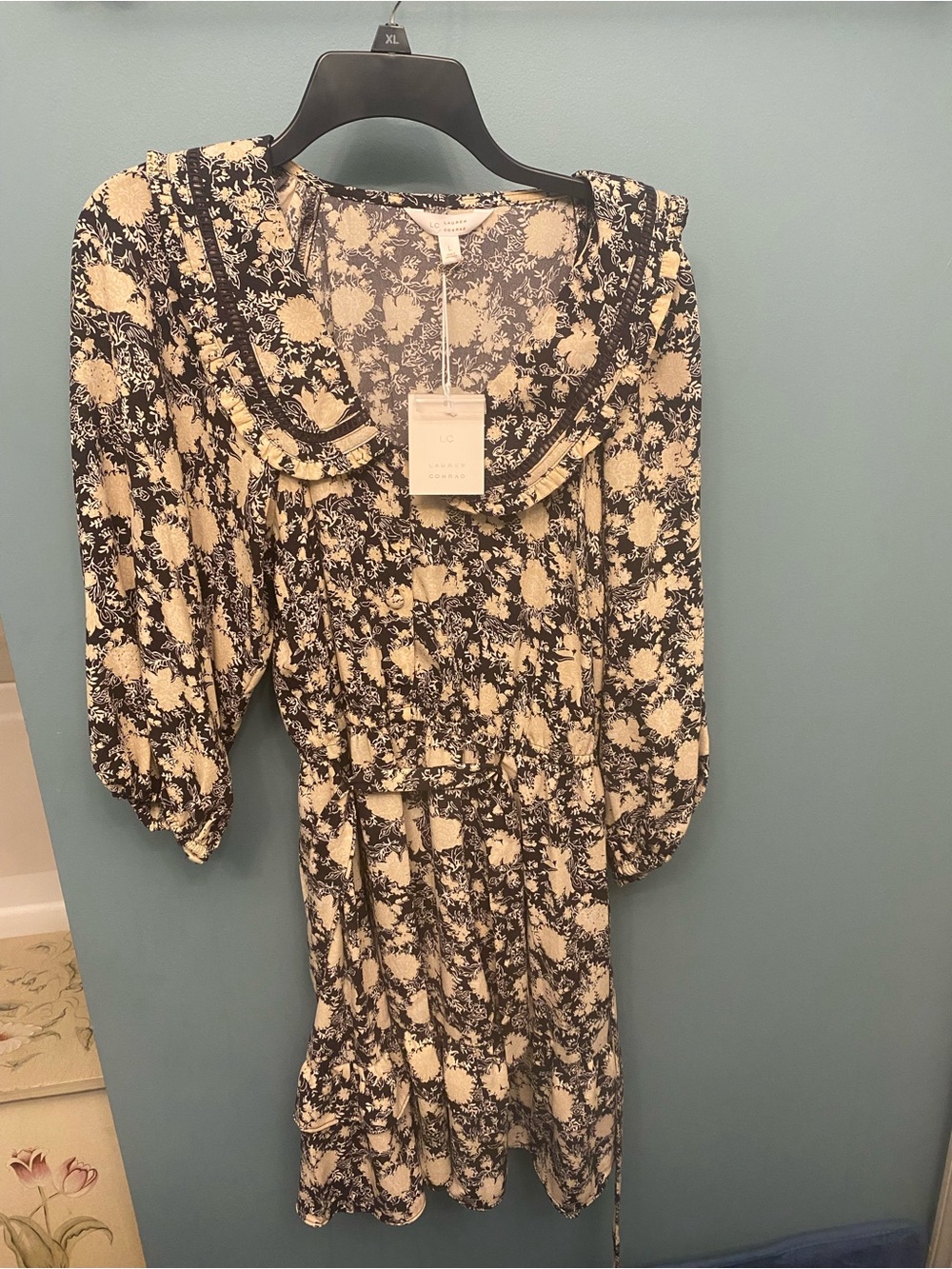 LC Lauren Conrad Black and Cream Floral Ruffle Dress
